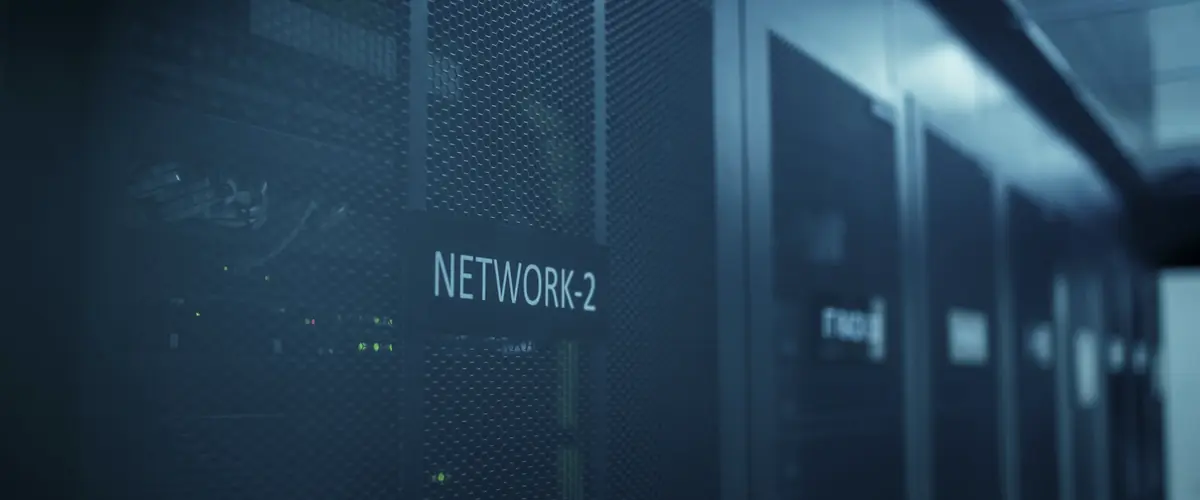 A darkened aisle between network racks, one cabinet labelled by hand