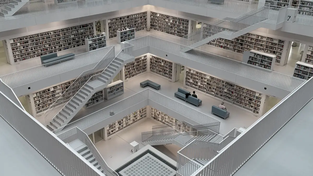 The white stepped atrium of a modern public library